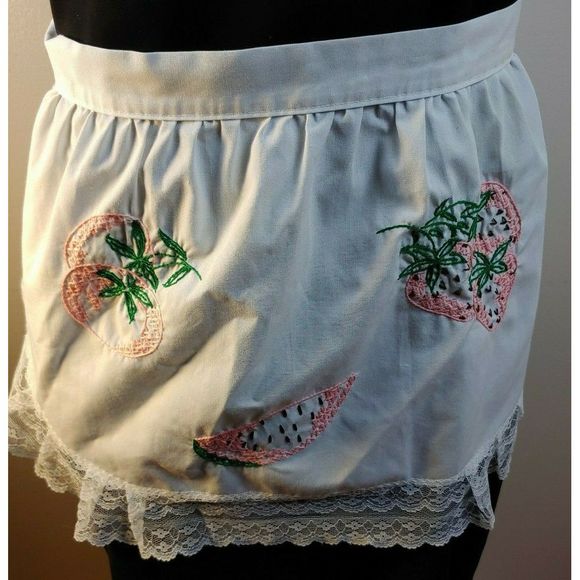 Half Apron Waist Tie White Lace Embroidered Fruit - Picture 3 of 5